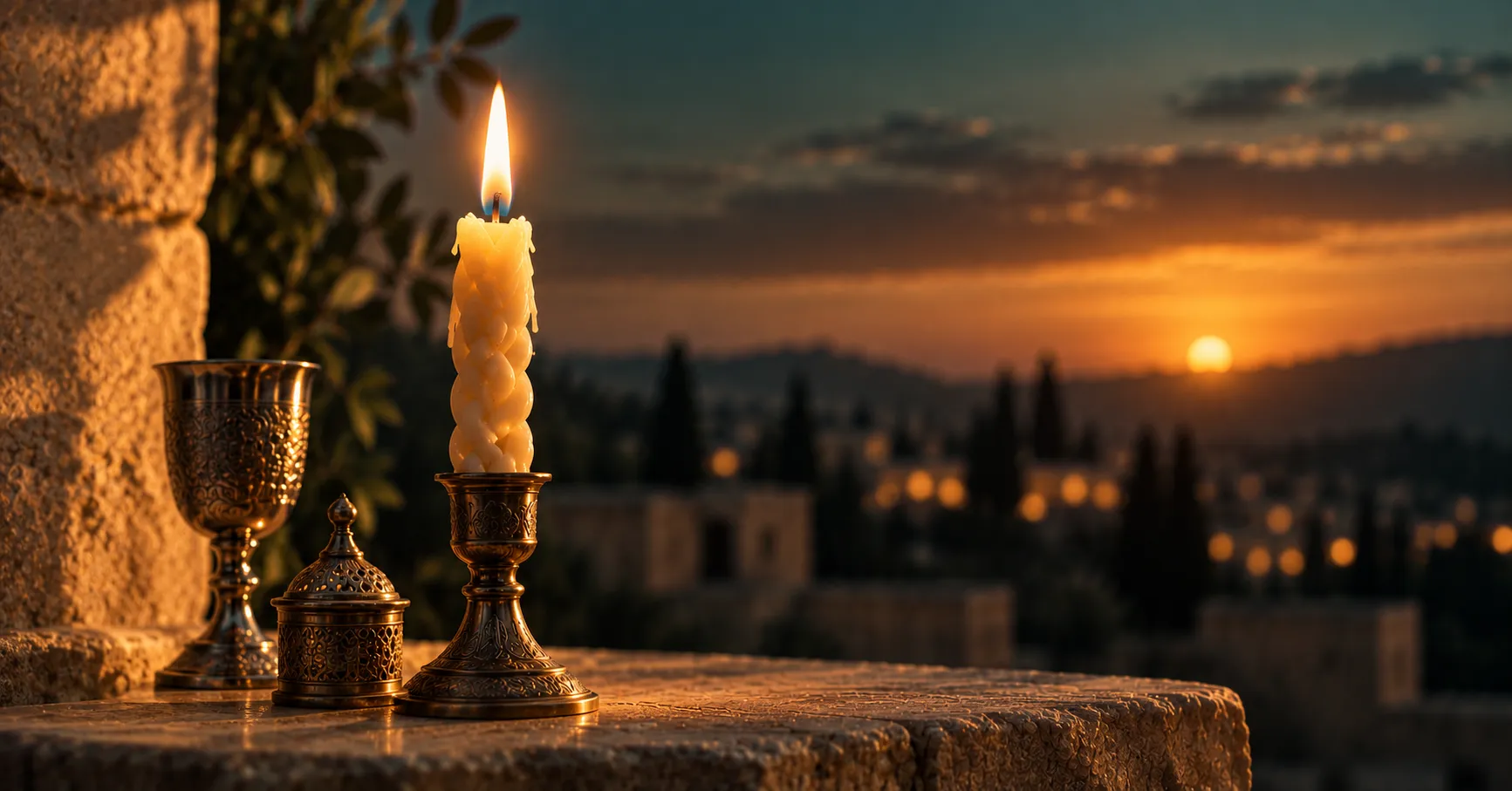 נר הבדלה קלוע ודולק על מעקה אבן, לצידו גביע כסף וקופסת בשמים, ומאחור נוף ירושלים באור שקיעה