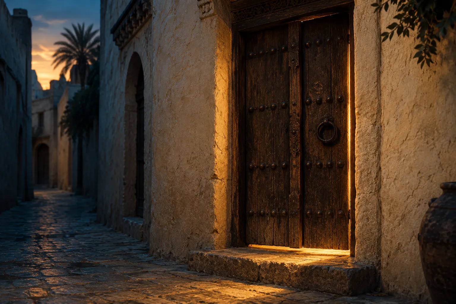 Una vieja puerta de madera cerrada en un callejón de Bagdad al anochecer; una luz dorada se filtra por la rendija e ilumina el escalón de piedra; cielo azul profundo y una palmera al fondo